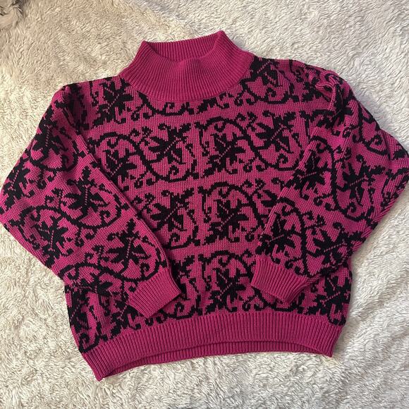 Vintage 80's Retro Small Pink Black Granny Mockneck Sweater J.Jordan - Picture 2 of 4